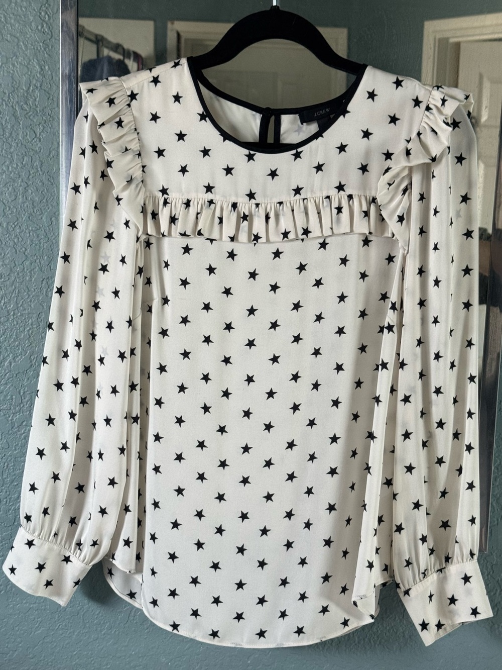 J.Crew 100% Silk Navy Star Black Label Ruffle Top Star Print Size 4